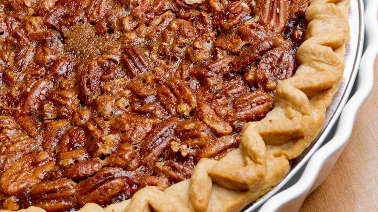 Close-up shot of homemade pecan pie