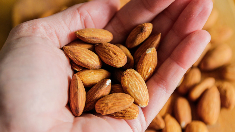 Person holding a handful of almonds 