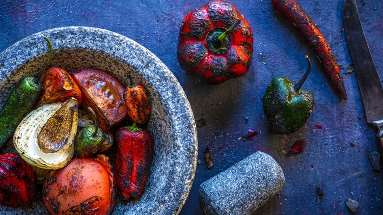 Roasted vegetables and molcajete