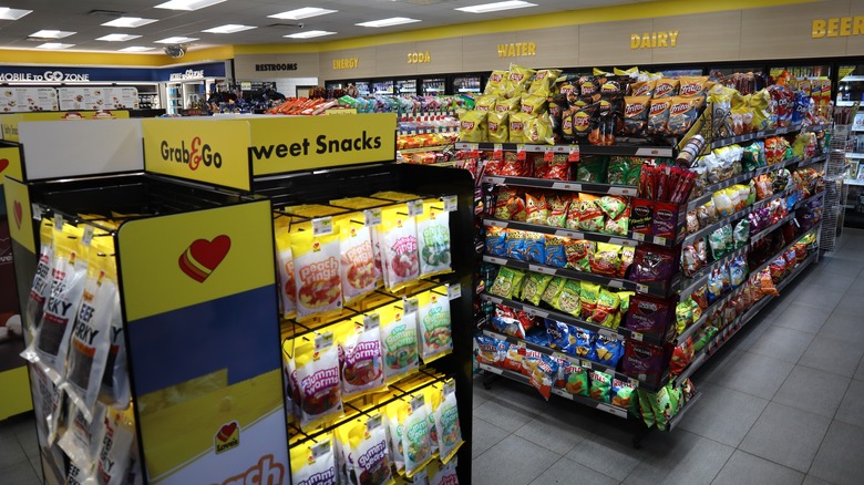 Gas station interior with snacks