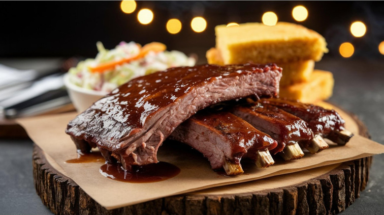 rack of ribs on a wooden board