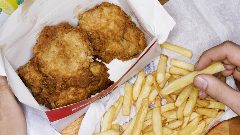 top down view of fried chicken and fries