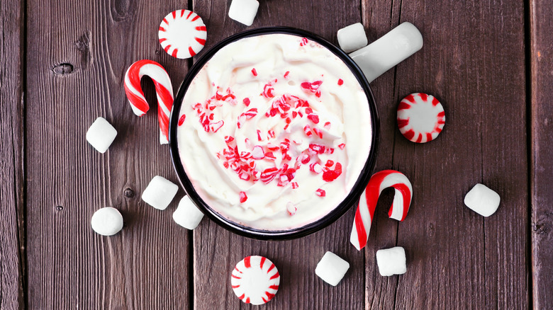 peppermint hot chocolate with marshmallows and candy canes