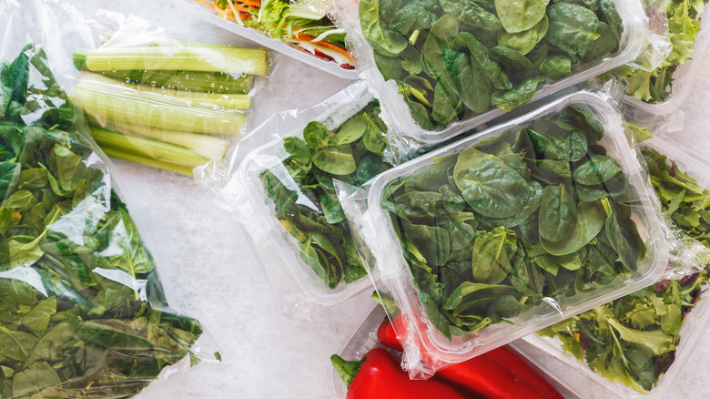 baby spinach and vegetables packaged in bags