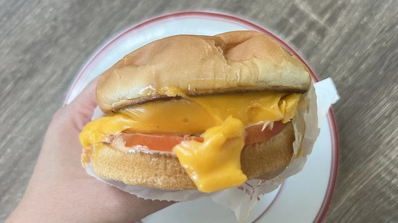 a hand holds an in-n-out grilled cheese with tomato