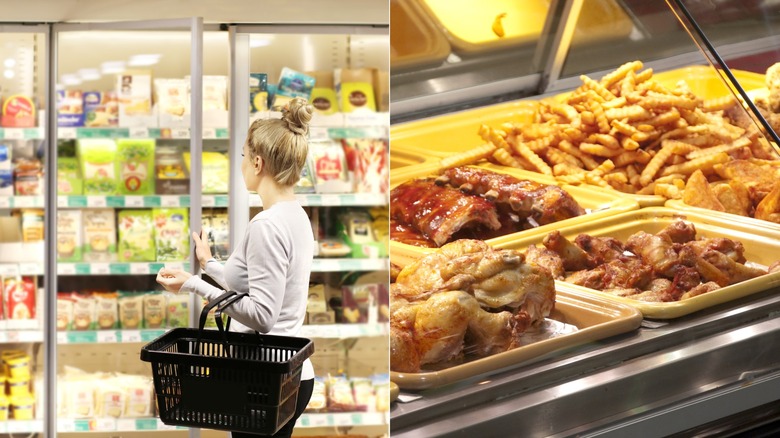 Grocery store freezer section on one side and hot food on the other side