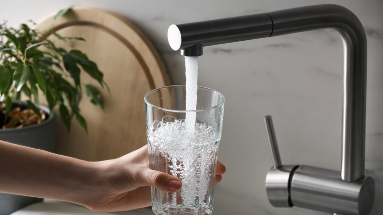 Hand filling a glass up under a kitchen tap.