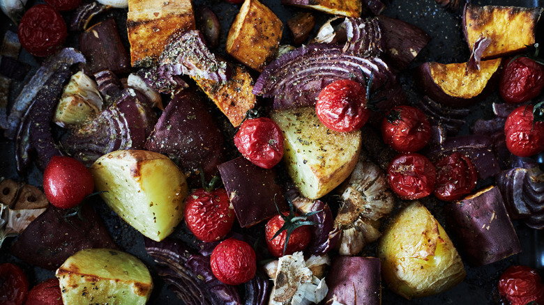 Crisp roasted vegetables up close