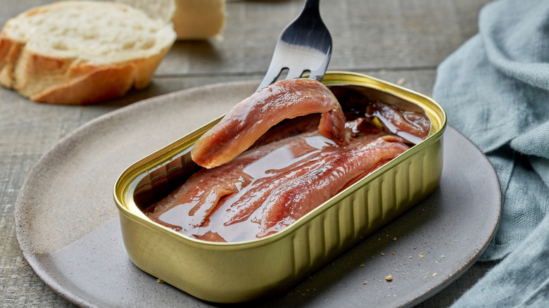 a fork lifting an anchovy from a tin of anchovies in oil