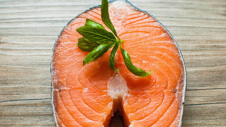 Salmon steak with leaf