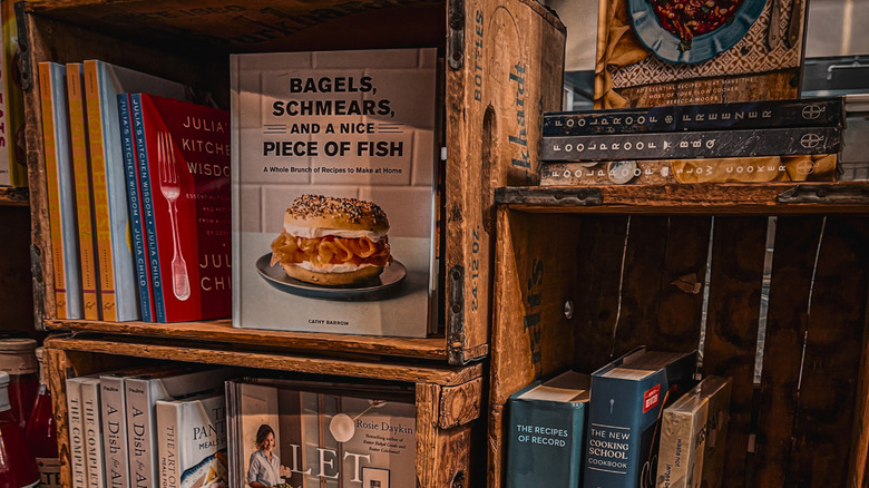 Cookbooks organized in wooden crates