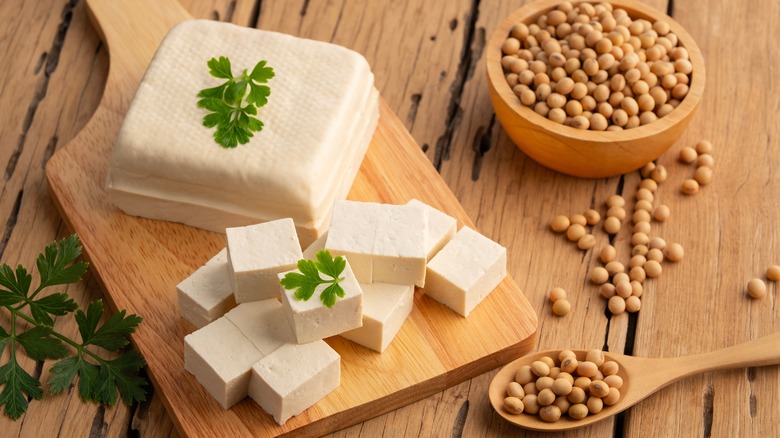 blocks of tofu on wooden board