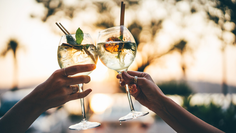 Two woman clinking cocktail glasses