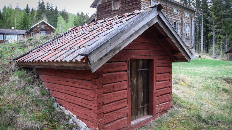 old timey root cellar on grassy homestead property