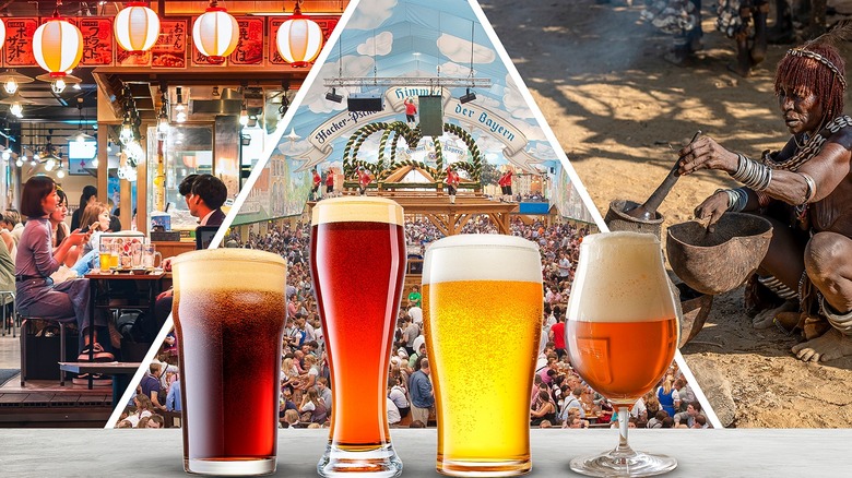 Varied beer glasses in front of collage of countries' drinking traditions