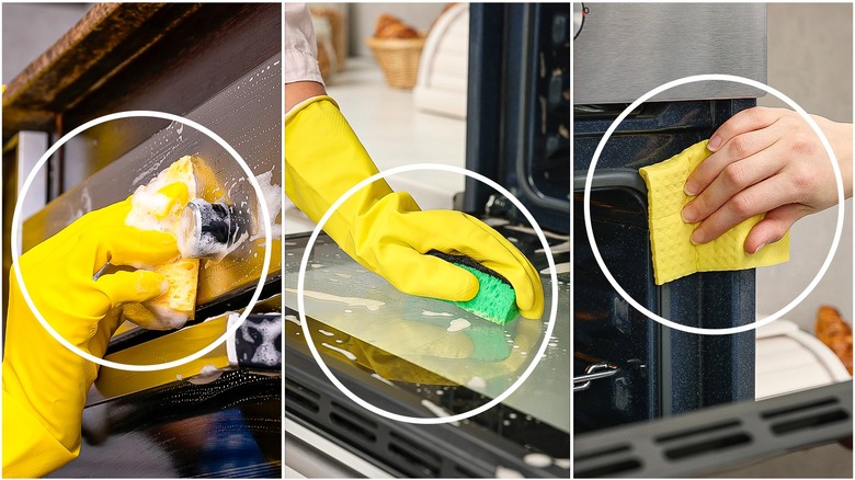 Person wearing yellow rubber gloves and cleaning different areas of an oven