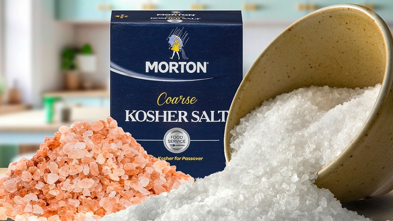 Composite photo with a pile of pink Himalayan salt, coarse white salt spilling out of a ceramic bowl, and a box of Morton kosher salt in back