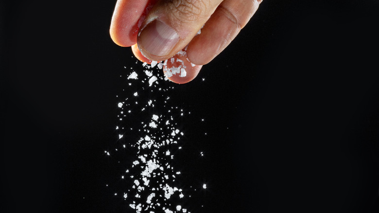 Hand sprinkling salt over food