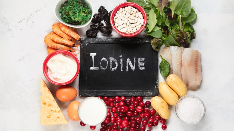 Chalkboard with the word IODINE in caps surrounded by foods rich in iodine, like eggs, cranberries, shrimp, and cheese