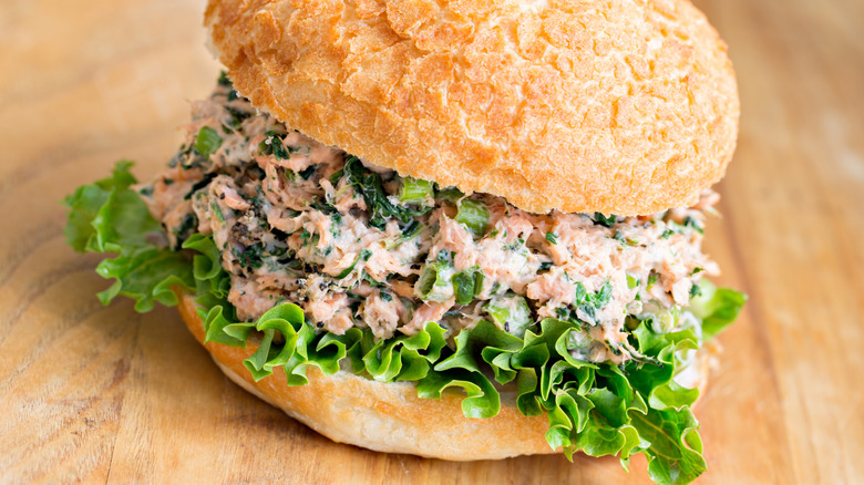 Salmon salad sandwich on roll