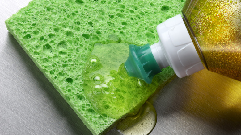 bottled dish soap dripping onto a green sponge