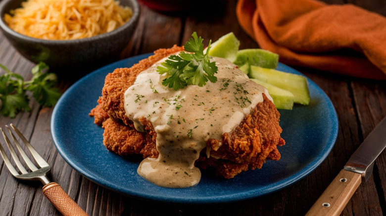 chicken fried chicken topped with gravy and garnished with fresh parsley