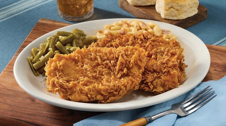 2 large pieces of fried chicken on a plate with sides