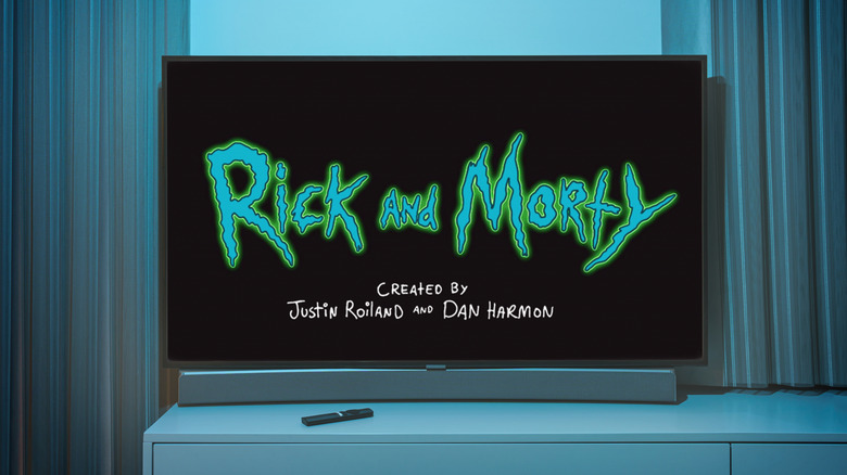 TV screen showing title card for the Rick and Morty