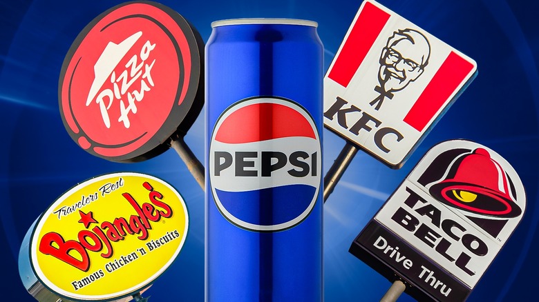 Can of Pepsi surrounded by fast food restaurant signs