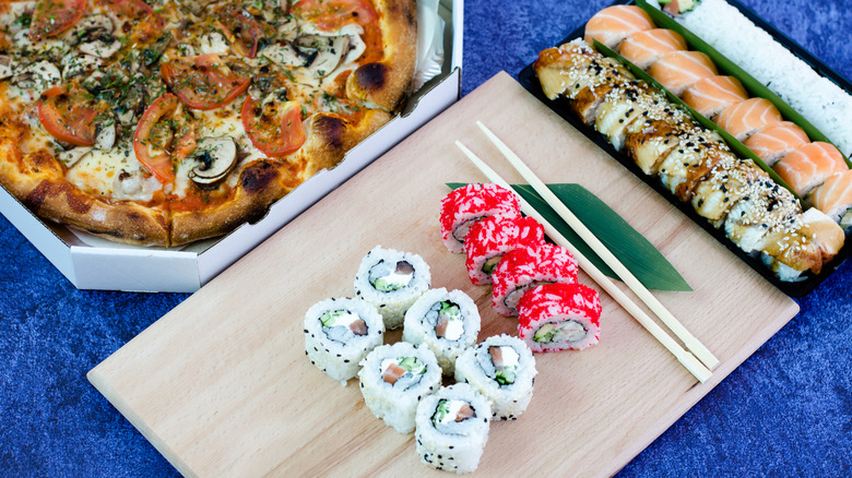 pizza and sushi blue table