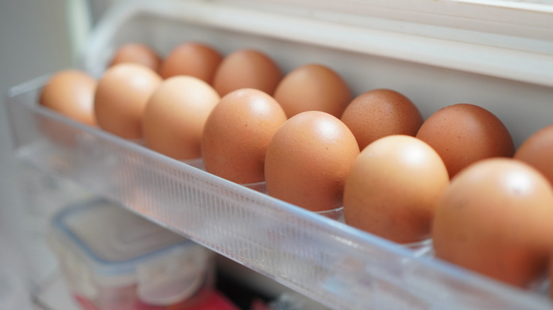 fridge shelf of eggs