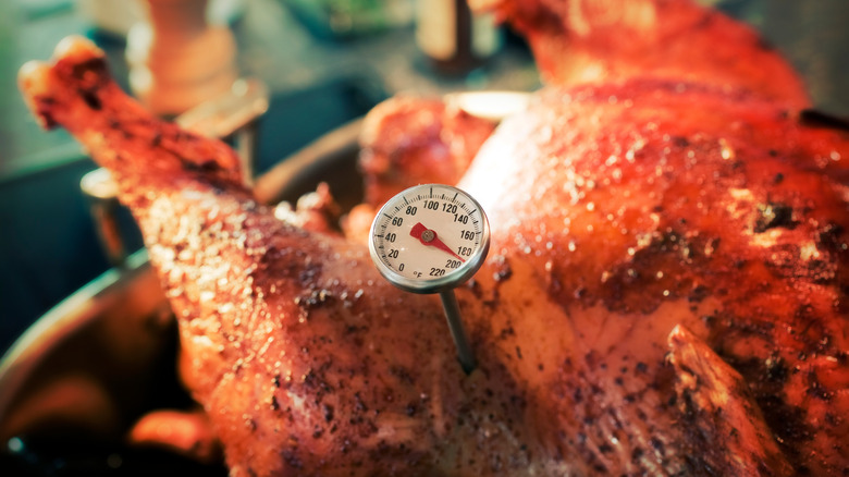 A thermometer placed near the inside thigh of poultry