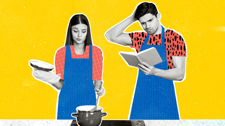 Technicolor image of couple reading a recipe and looking skeptically at pot on stove