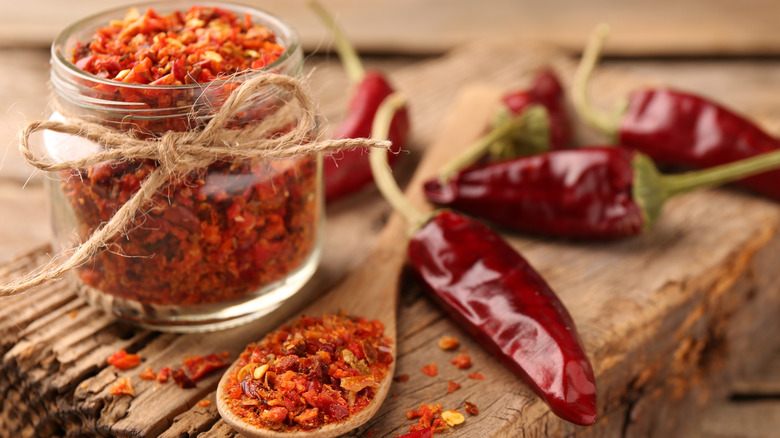 Hot peppers next to diced peppers