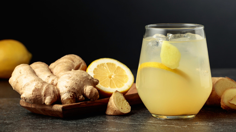 A glass of ginger ale is garnished with ginger and lemon, which are also arranged around the drink.