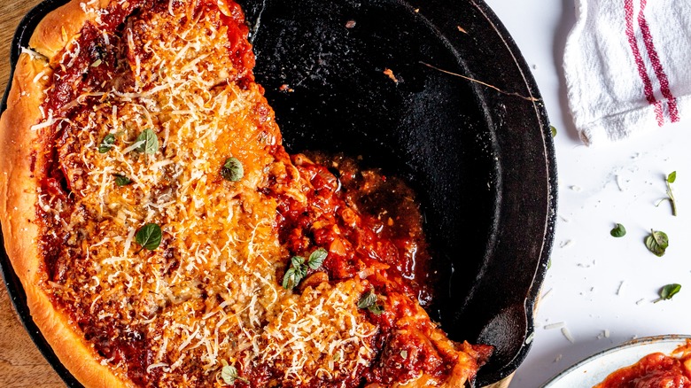 Pizza in cast iron skillet