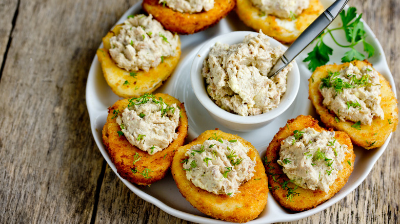 Fried deviled eggs with tuna salad.