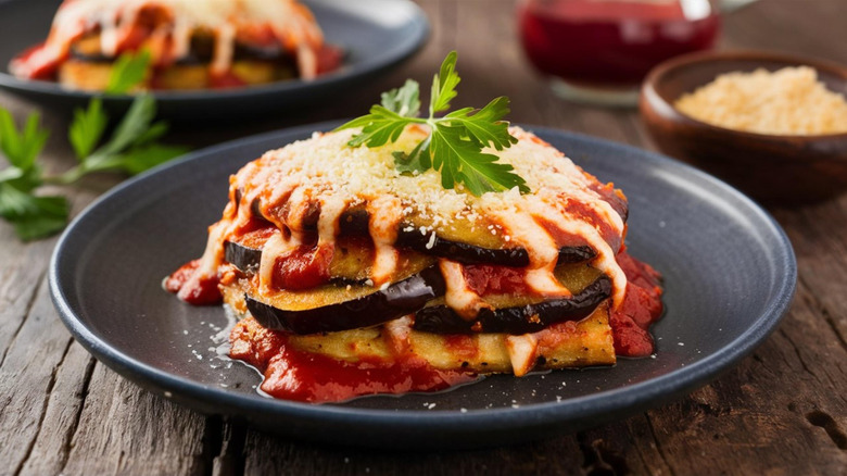 Eggplant parmesan piled onto gray plate