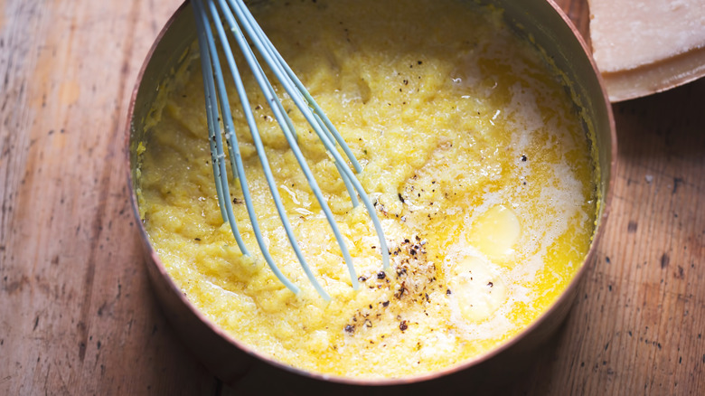 overhead of a pot of grits cooking