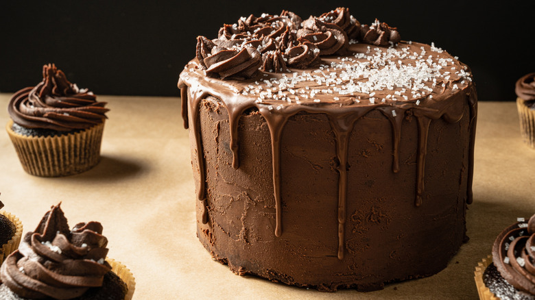 A chocolate stout cake with a ganache frosting drip