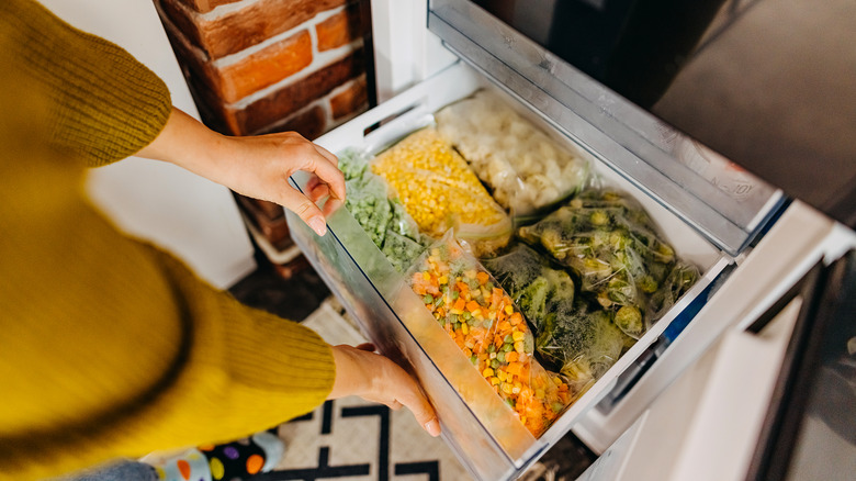 Freezer tray of frozen vegetables