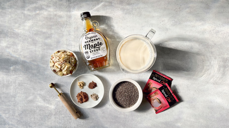 Almond chai chia pudding ingredients on countertop