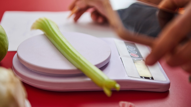 Celery stalk on a digital food scale