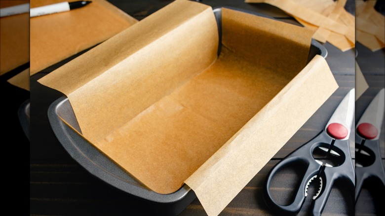 square baking pan lined with parchment paper