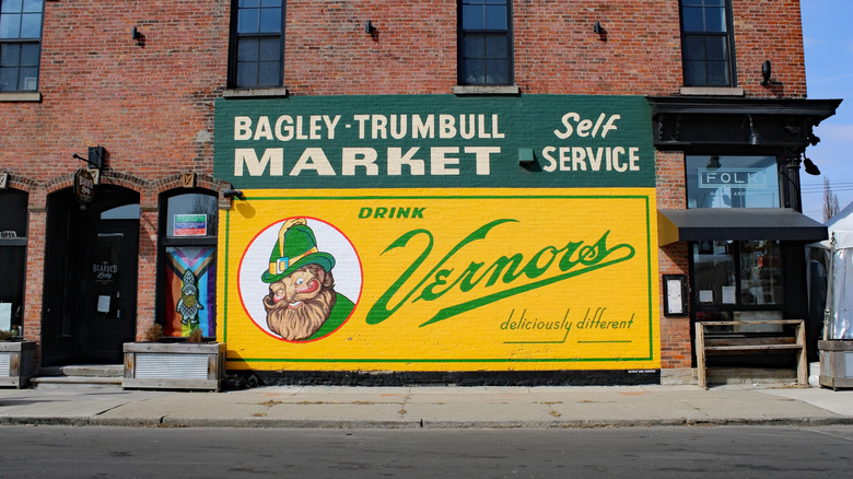 Green-yellow sign advertising Vernors soda