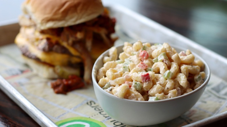 burger and macaroni salad