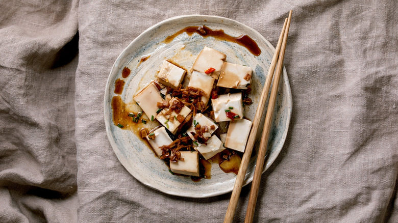 Tofu dish drizzled with soy sauce