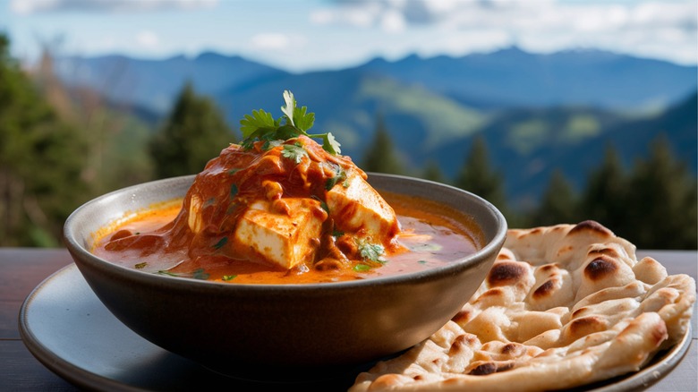 Paneer butter masala with mountain background