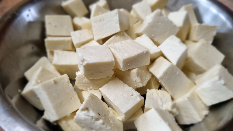 Cubed paneer in a bowl