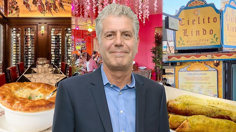 Anthony Bourdain against a collage of his favorite restaurants in Los Angeles